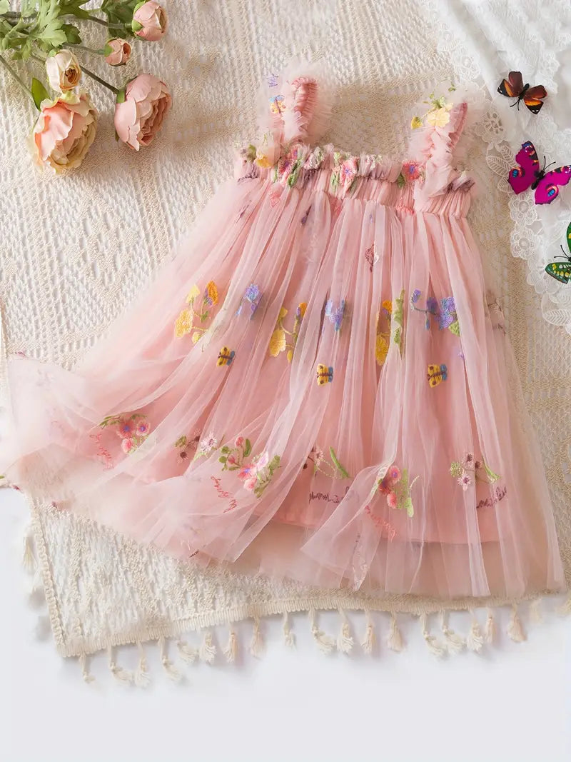 Flower Embroidered Mesh Dress for Girls