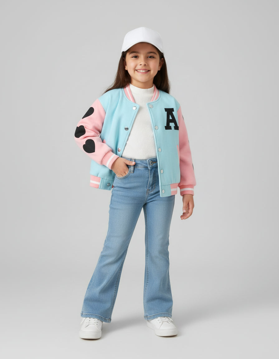 Child wearing a light blue and pink varsity jacket with letter 'A' on a gray background