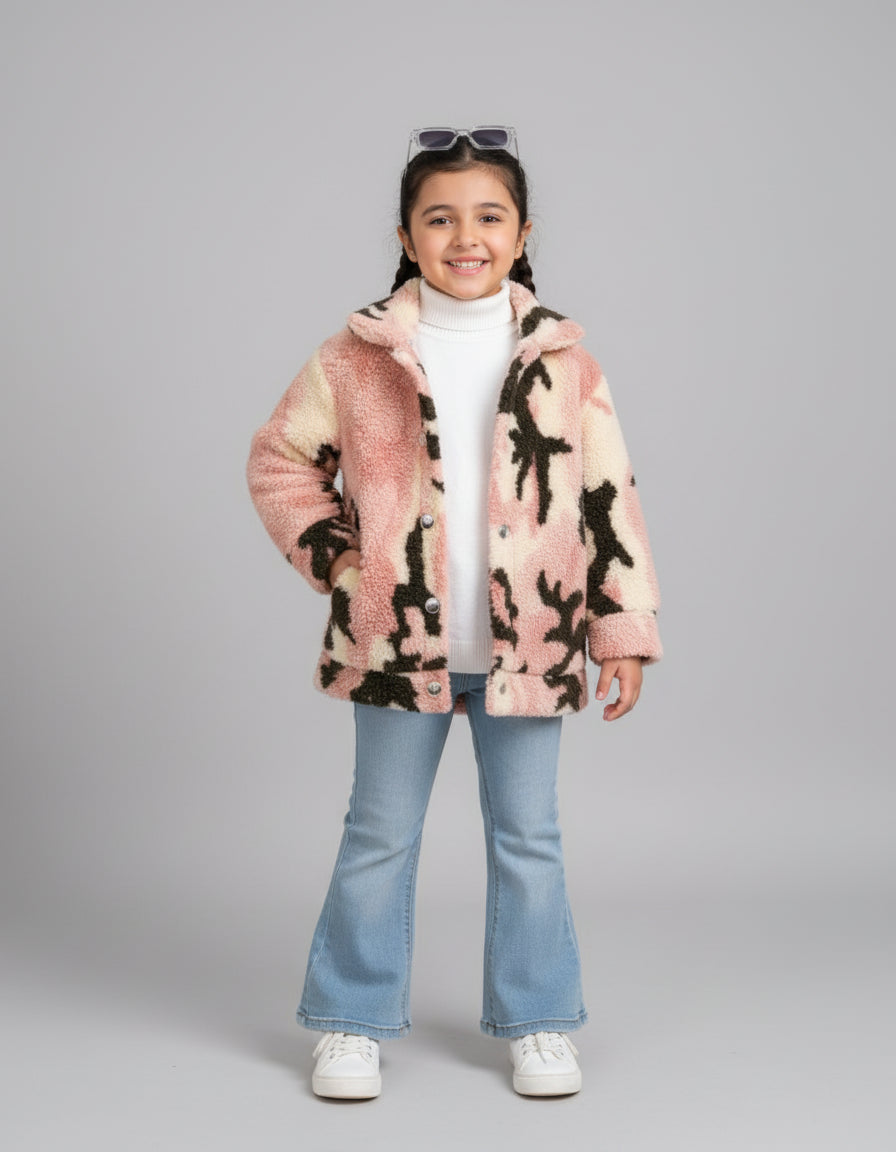 Child wearing a pink camouflage coat on a gray background