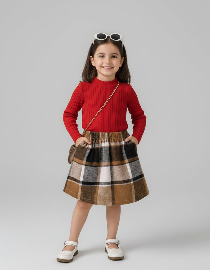 Young girl wearing a red sweater and plaid skirt on a gray background