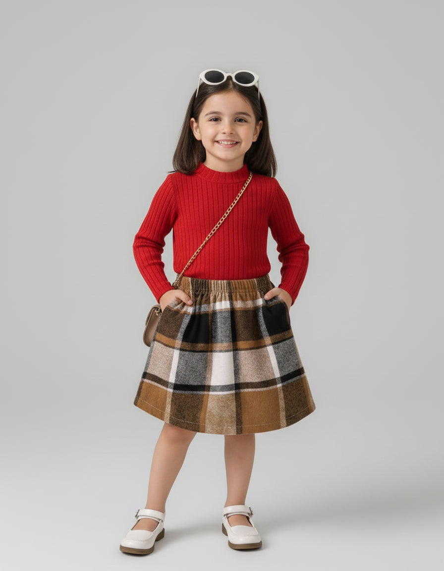 Young girl wearing a red sweater and plaid skirt on a gray background