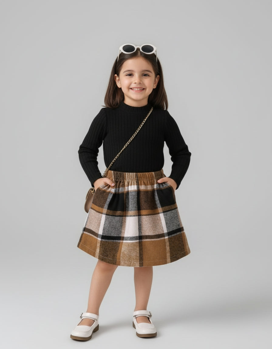 Young girl wearing a black sweater and plaid skirt with sunglasses on her head against a gray background