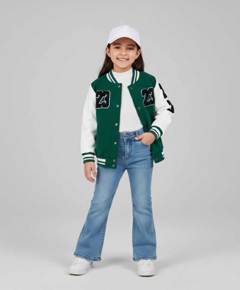 Child wearing a green varsity jacket with number 23, white shirt, blue jeans, and white cap on a gray background