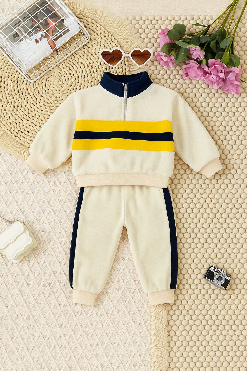 Children's tracksuit with yellow and navy stripes on a textured surface with flowers and sunglasses.