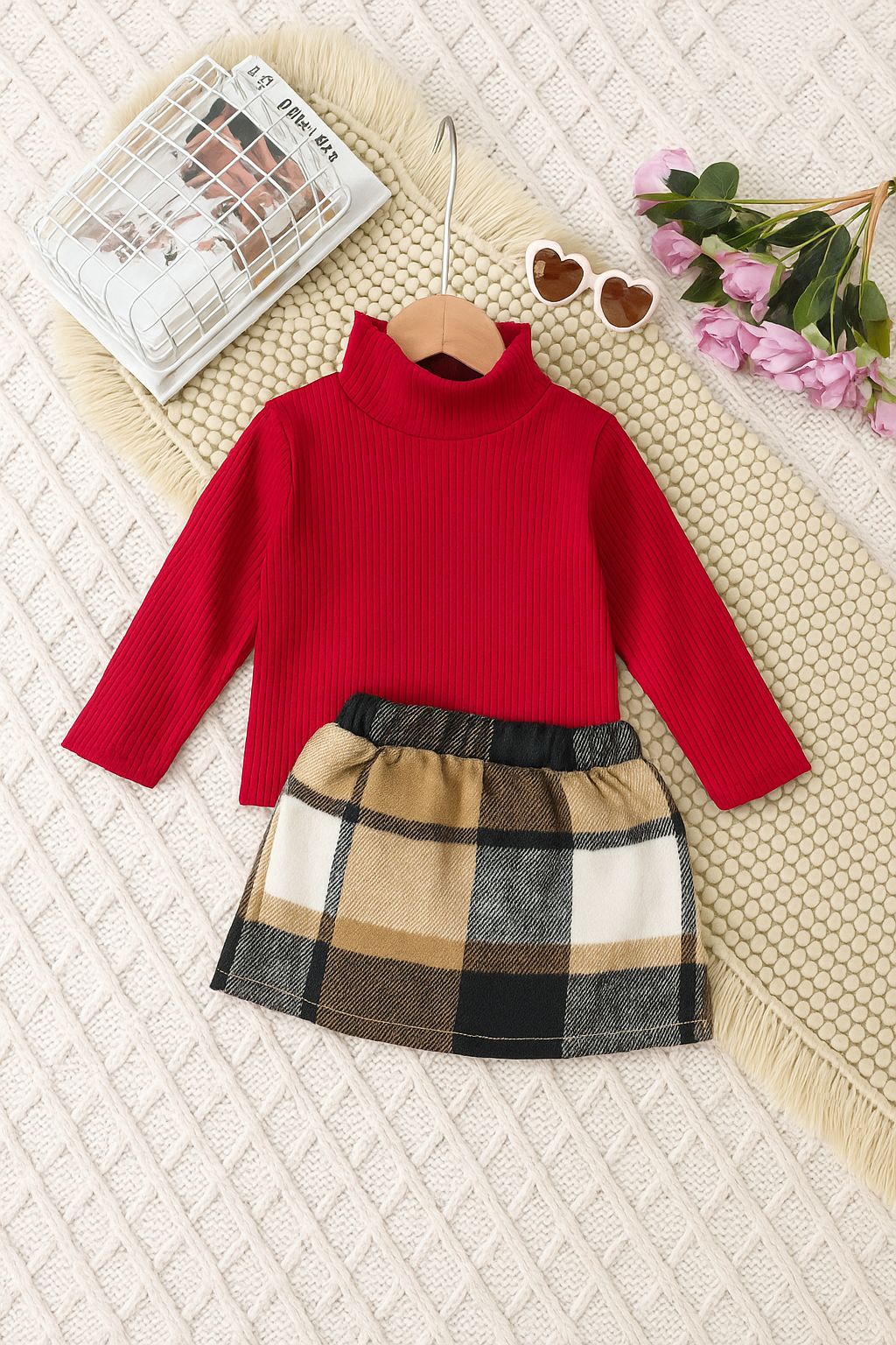 Red sweater and plaid skirt set on a textured surface with flowers and magazine.