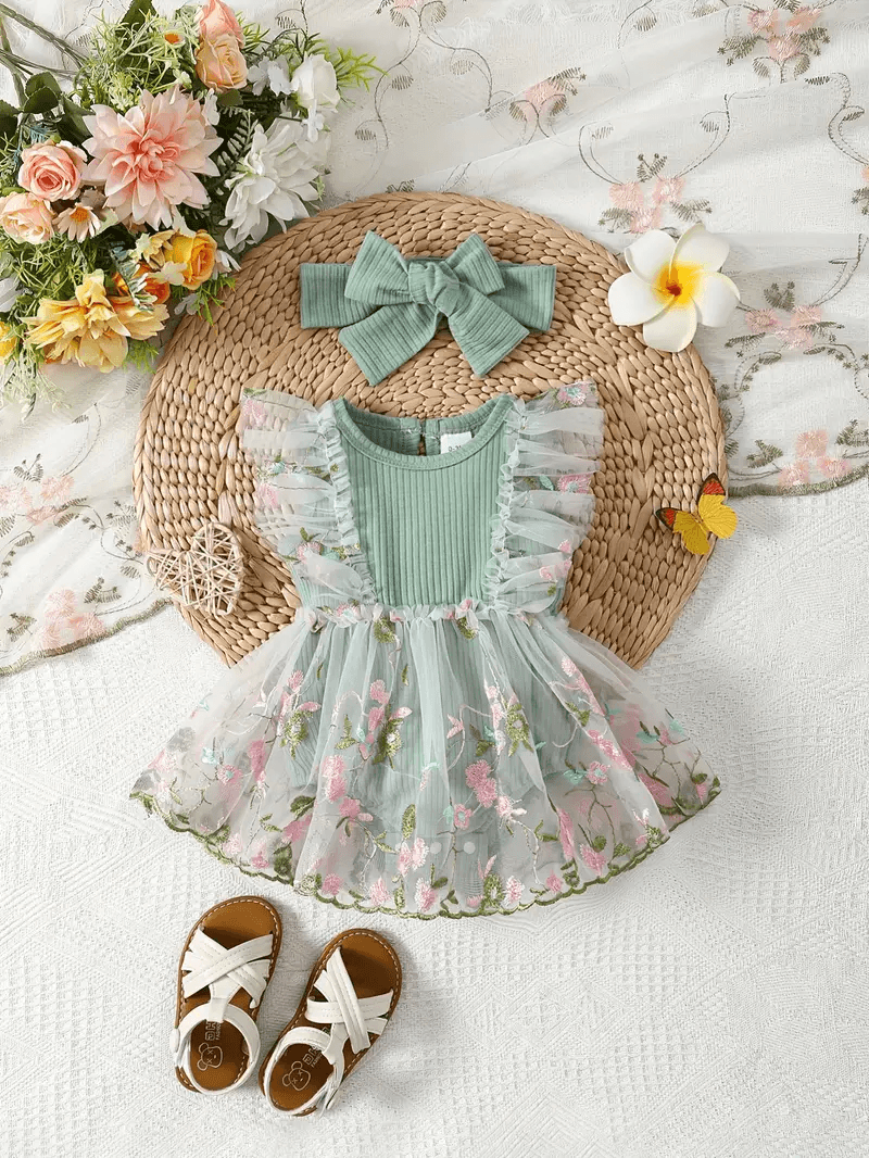 Floral Embroidered Tulle Dress For Girls