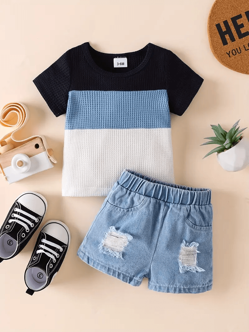 Waffle Top & Denim Shorts Set for Boys