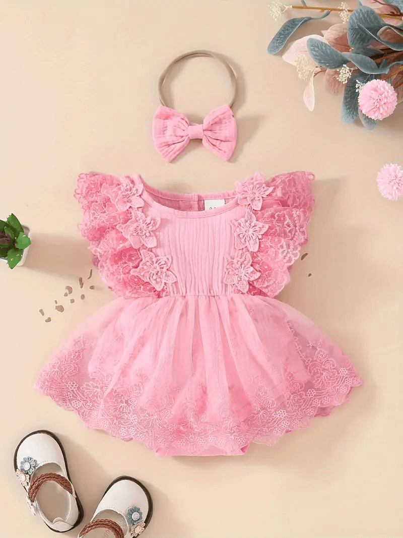 Snappy Lace Floral Romper Dress for Girls