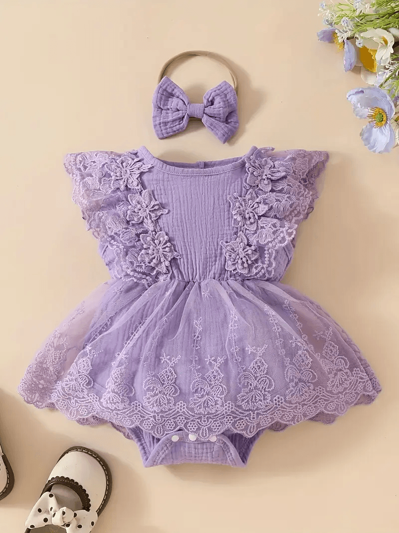 Lace & Floral Onesie with Mesh Skirt Dress for Girls