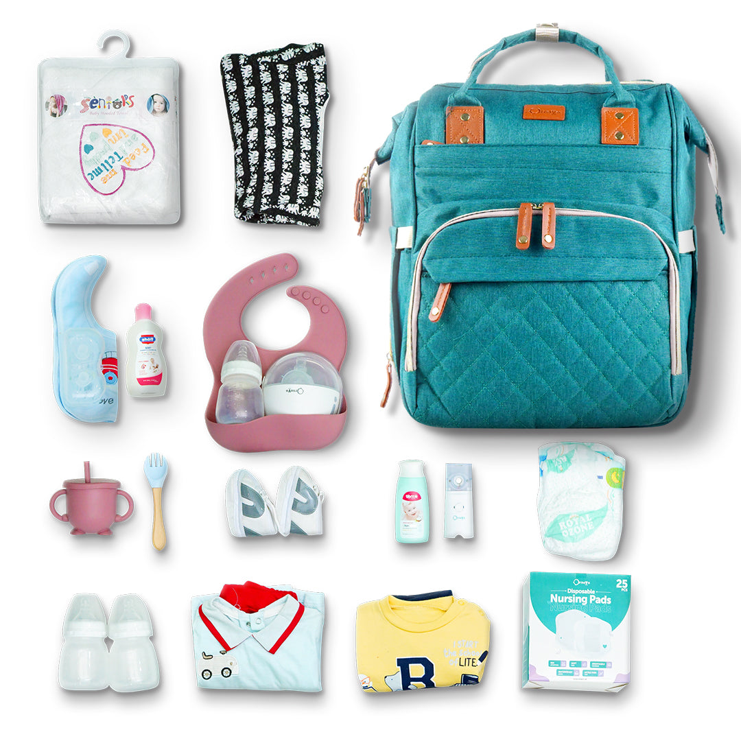 cyan maternity bag with baby accessories