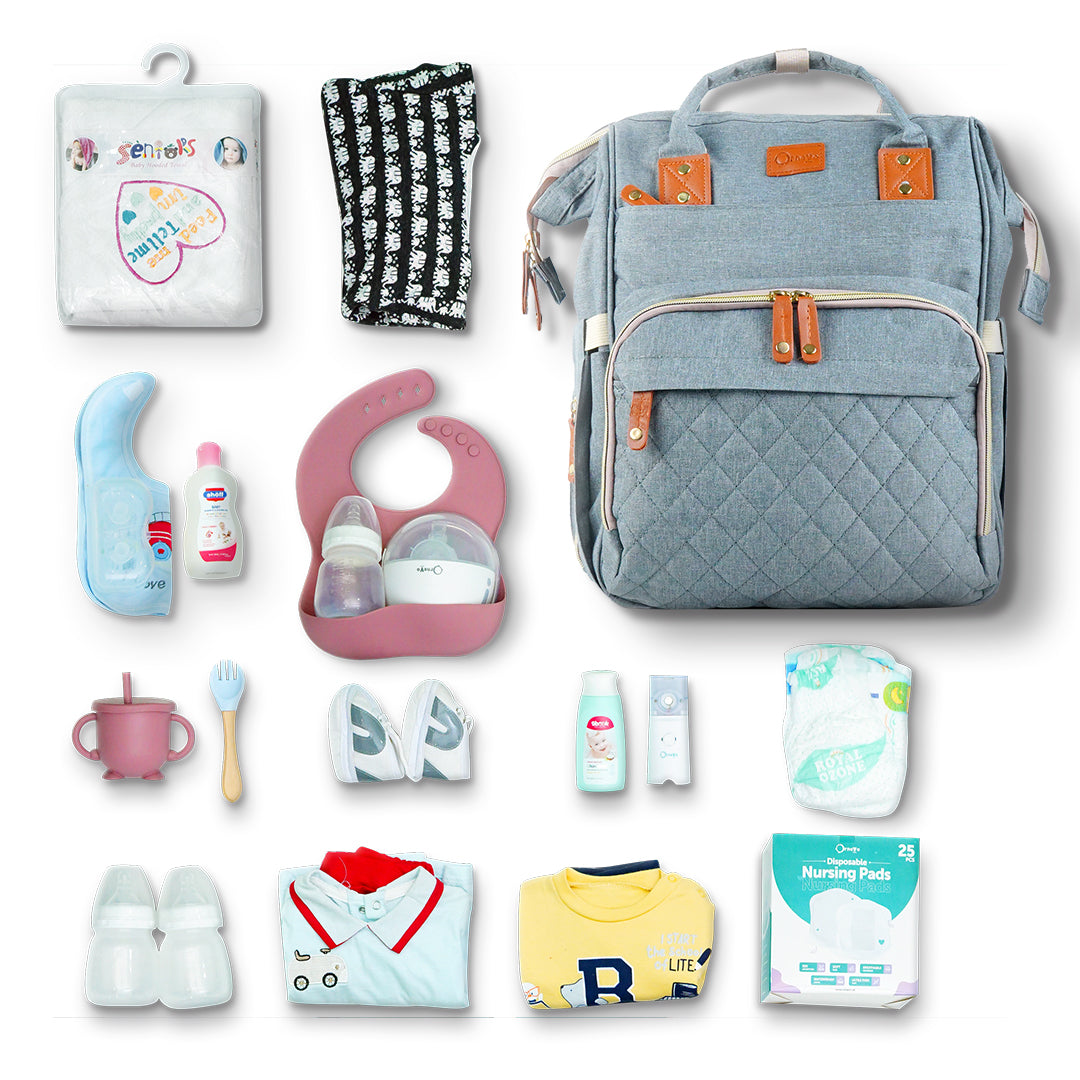 Grey maternity bag with baby accessories