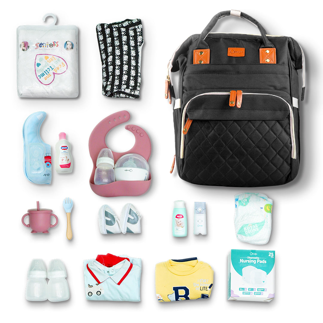 black maternity with baby accessories