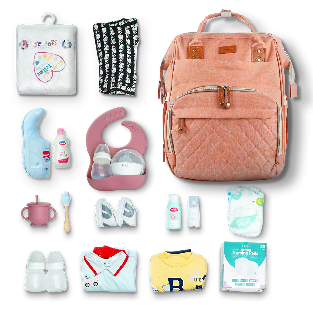 peach maternity bag with accessories