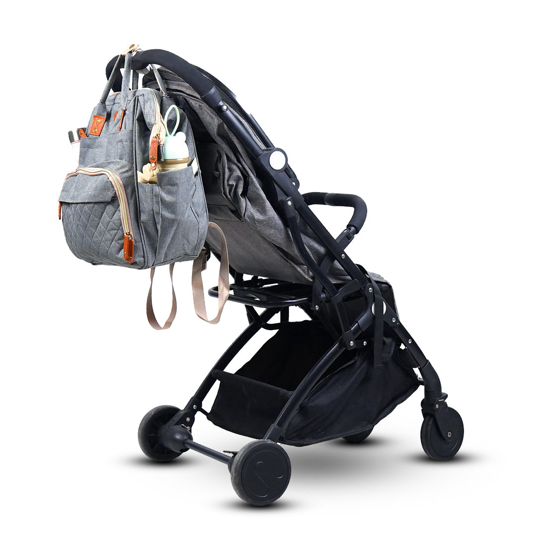grey maternity bag with black stroller