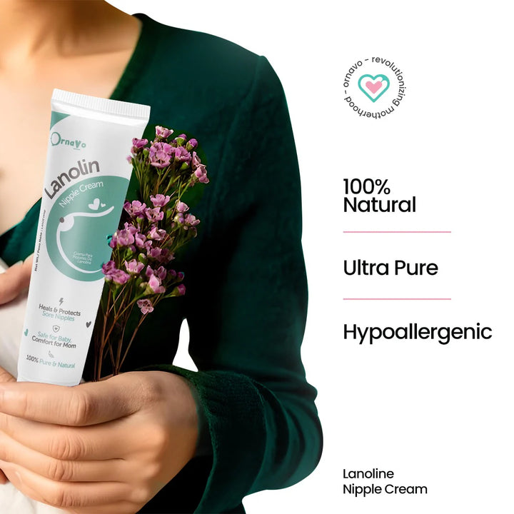 Person holding a Lanolin Nipple Cream package with flowers, featuring product attributes on a white background.