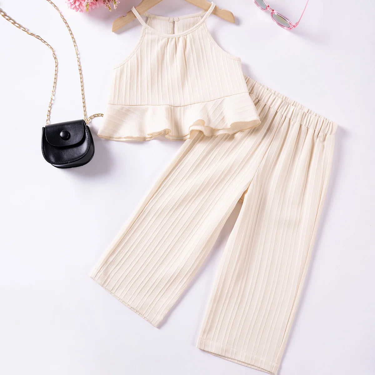 White Ruffle Baby Dress & Wide-Leg Pants Set