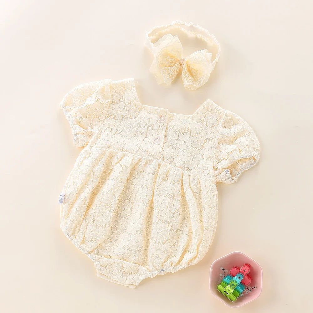Lace Puff Sleeve Baby Romper with Headband