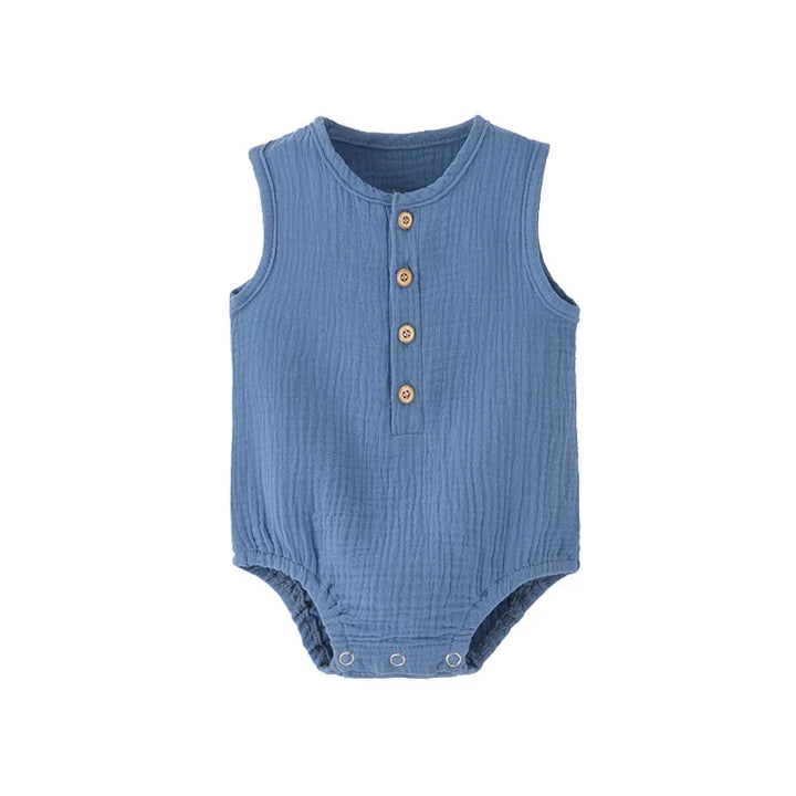 Blue baby romper with button details on a white background