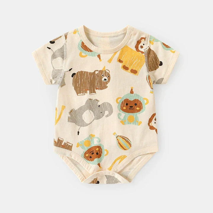 Baby onesie with animal pattern on a white background