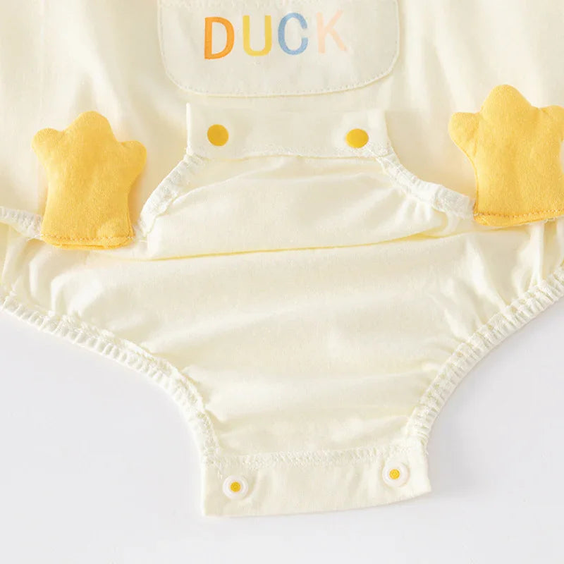 Baby romper with yellow duck design on a white background
