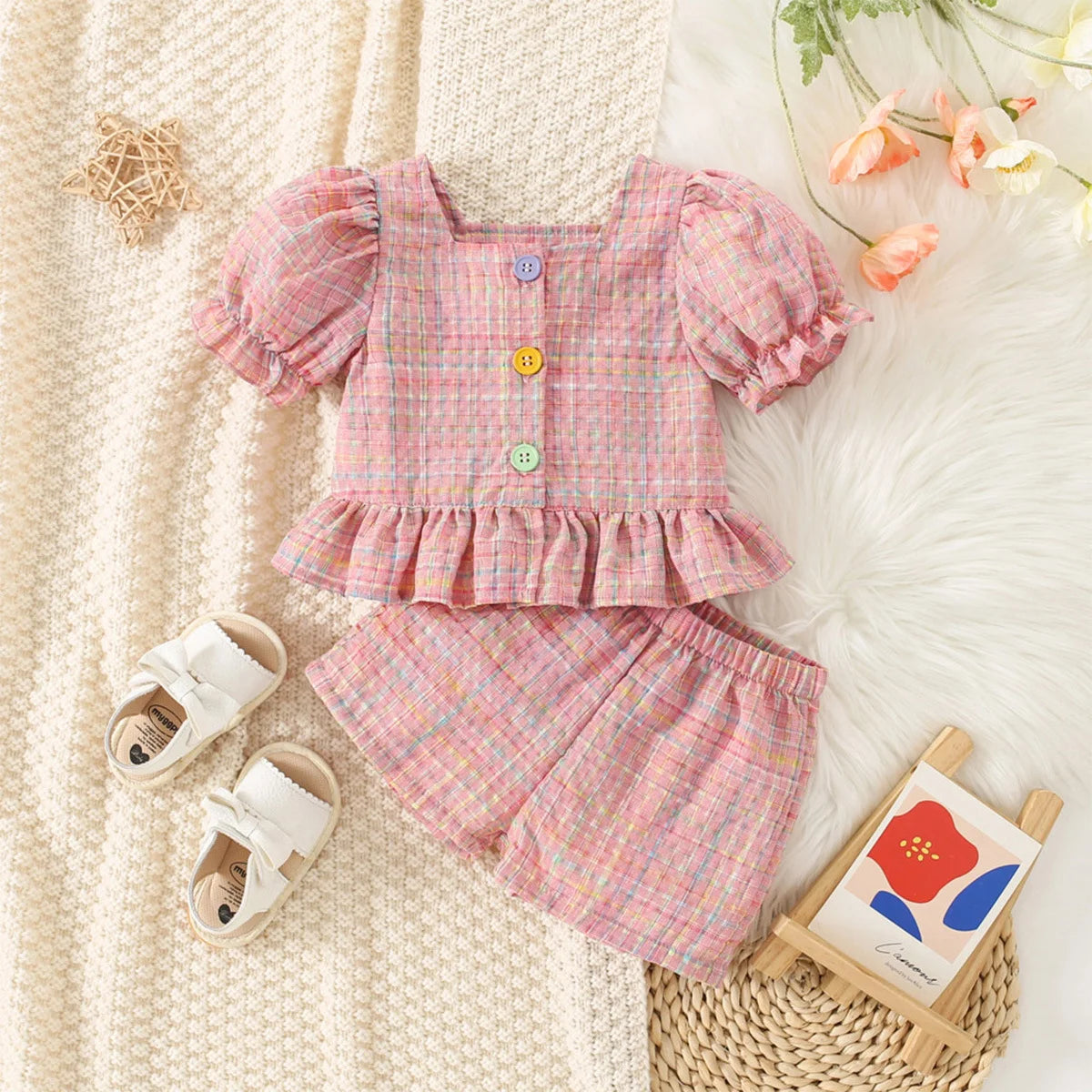 Cotton Puff Sleeve Top & Ruffle Shorts Set
