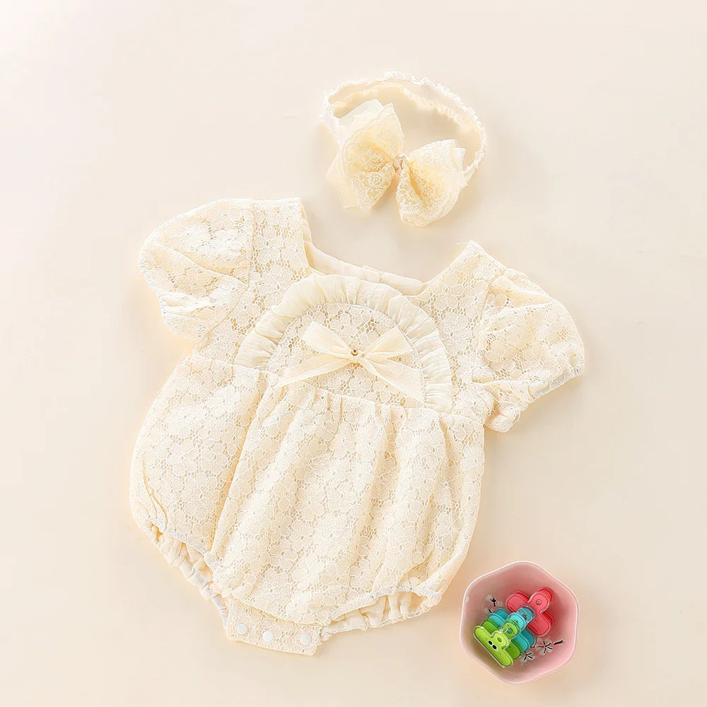 Lace Puff Sleeve Baby Romper with Headband