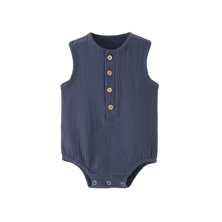 Navy blue sleeveless baby romper with buttons on a white background