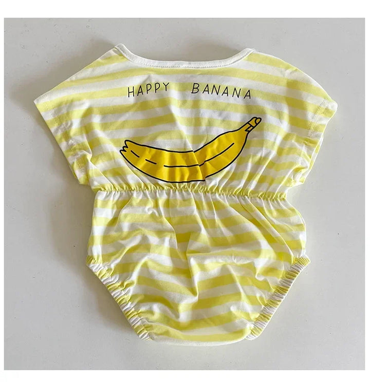Yellow and white striped baby romper with a banana design and 'Happy Banana' text on a light gray background.