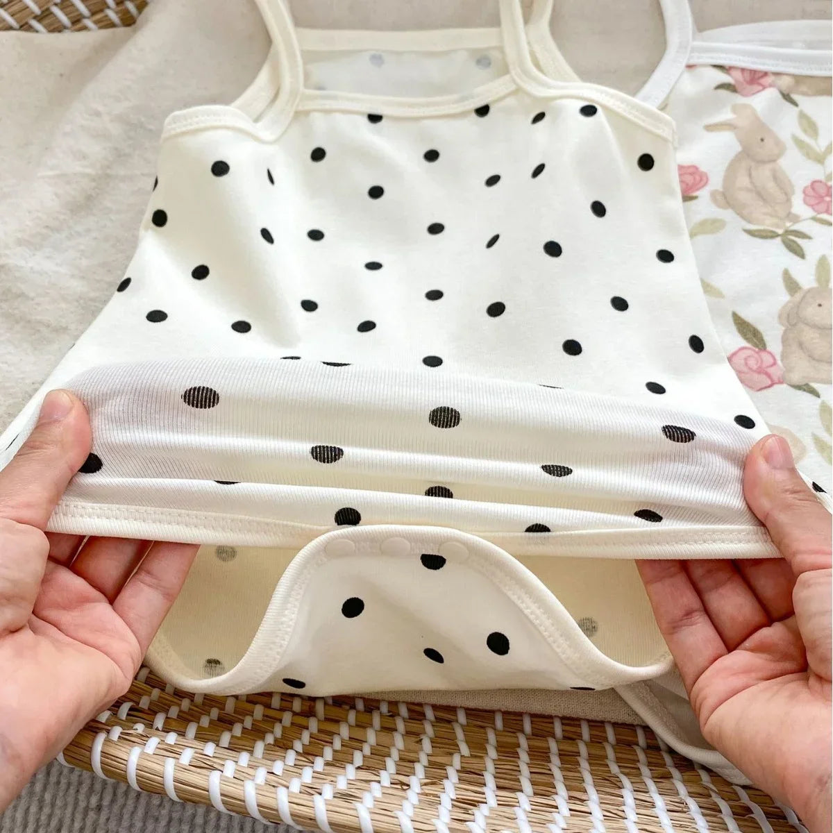White baby dress with black polka dots held by hands on a textured surface