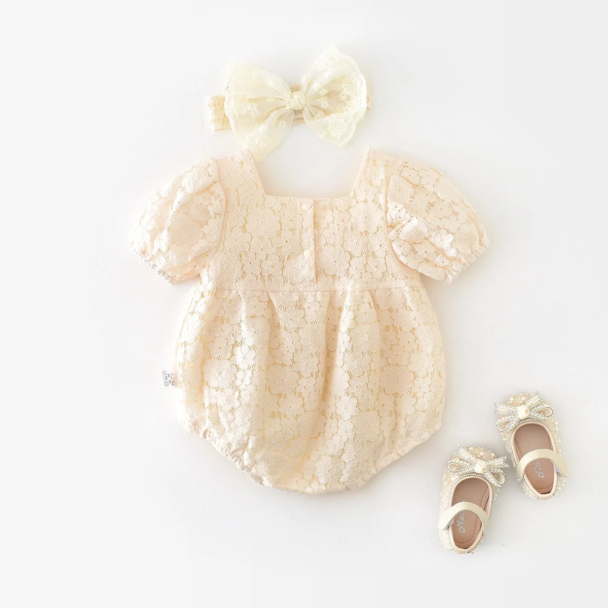 Lace Puff Sleeve Baby Romper with Headband