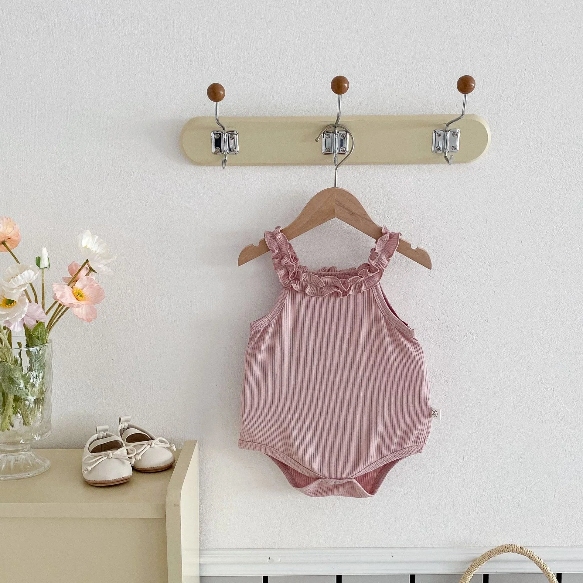 Ruffle Strap Ribbed Baby Romper
