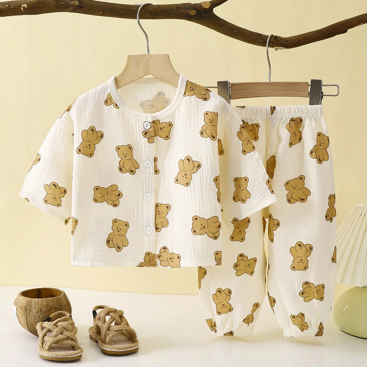 Baby Bear Print Muslin Top & Pants Set