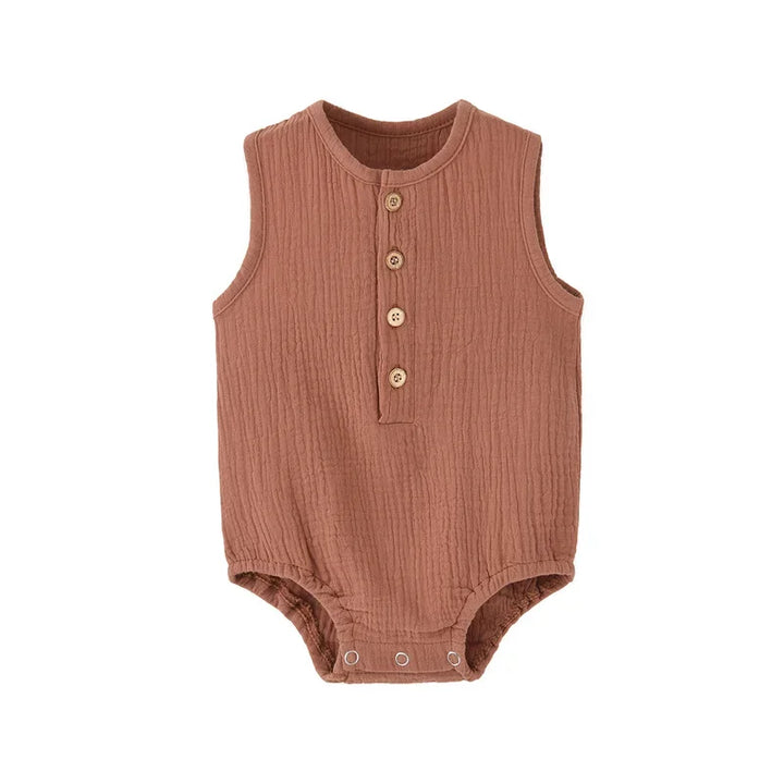 Brown baby romper with button details on a white background