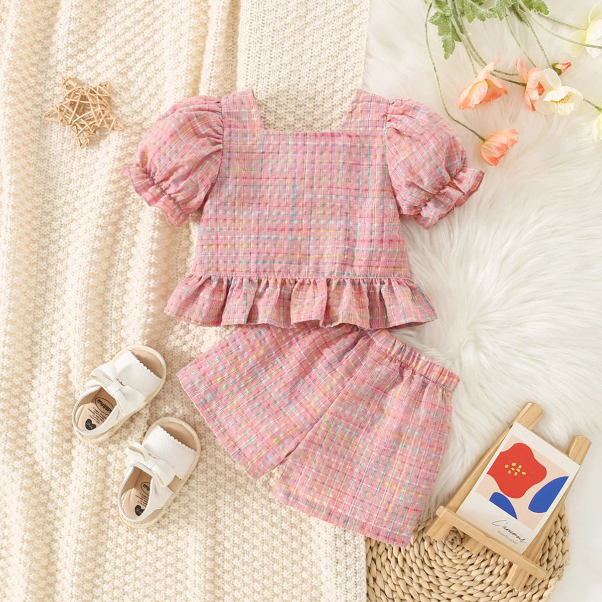 Cotton Puff Sleeve Top & Ruffle Shorts Set