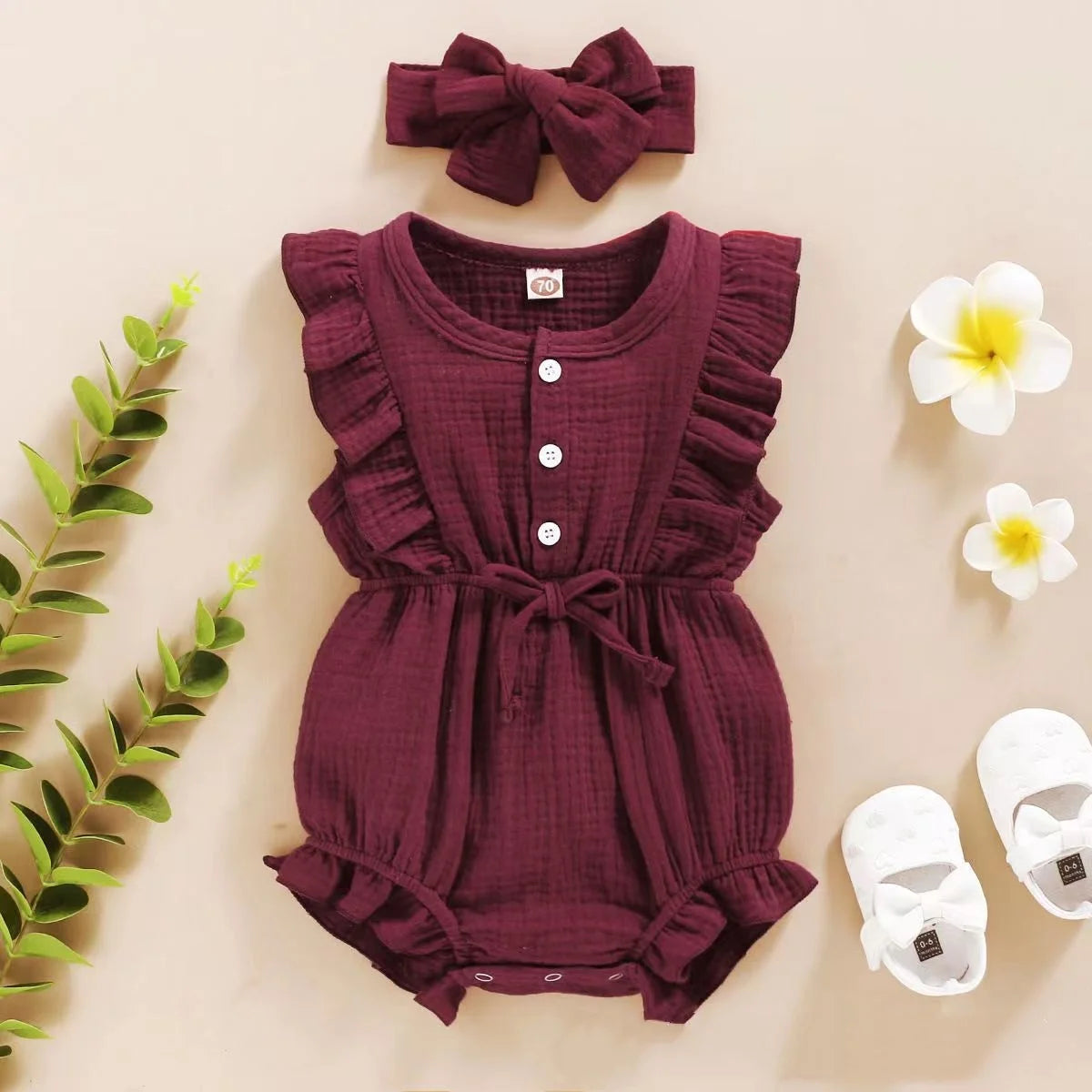 Baby Girls Romper + Headband Cotton Linen Ruffles