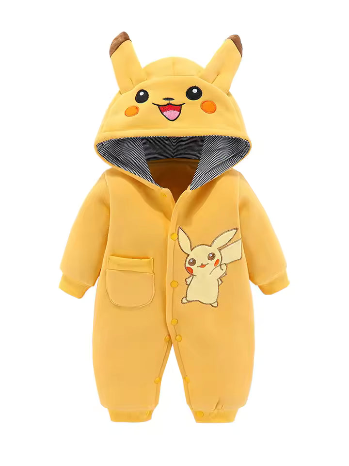 Yellow baby romper with Pikachu design on a white background