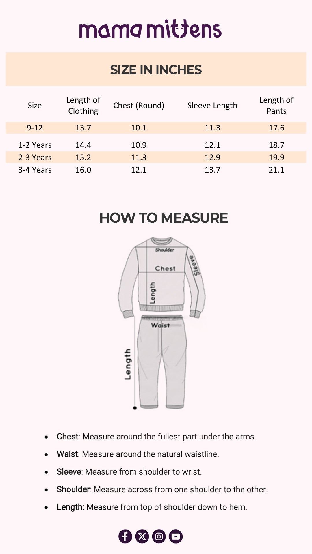 Size Chart for Sweet Dreams Plush Sleepwear