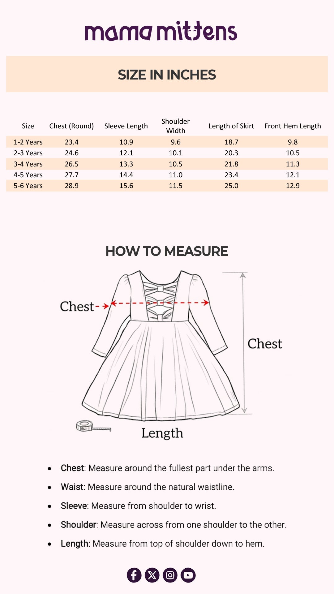 Size Chart for Dusty Rose Plush Set