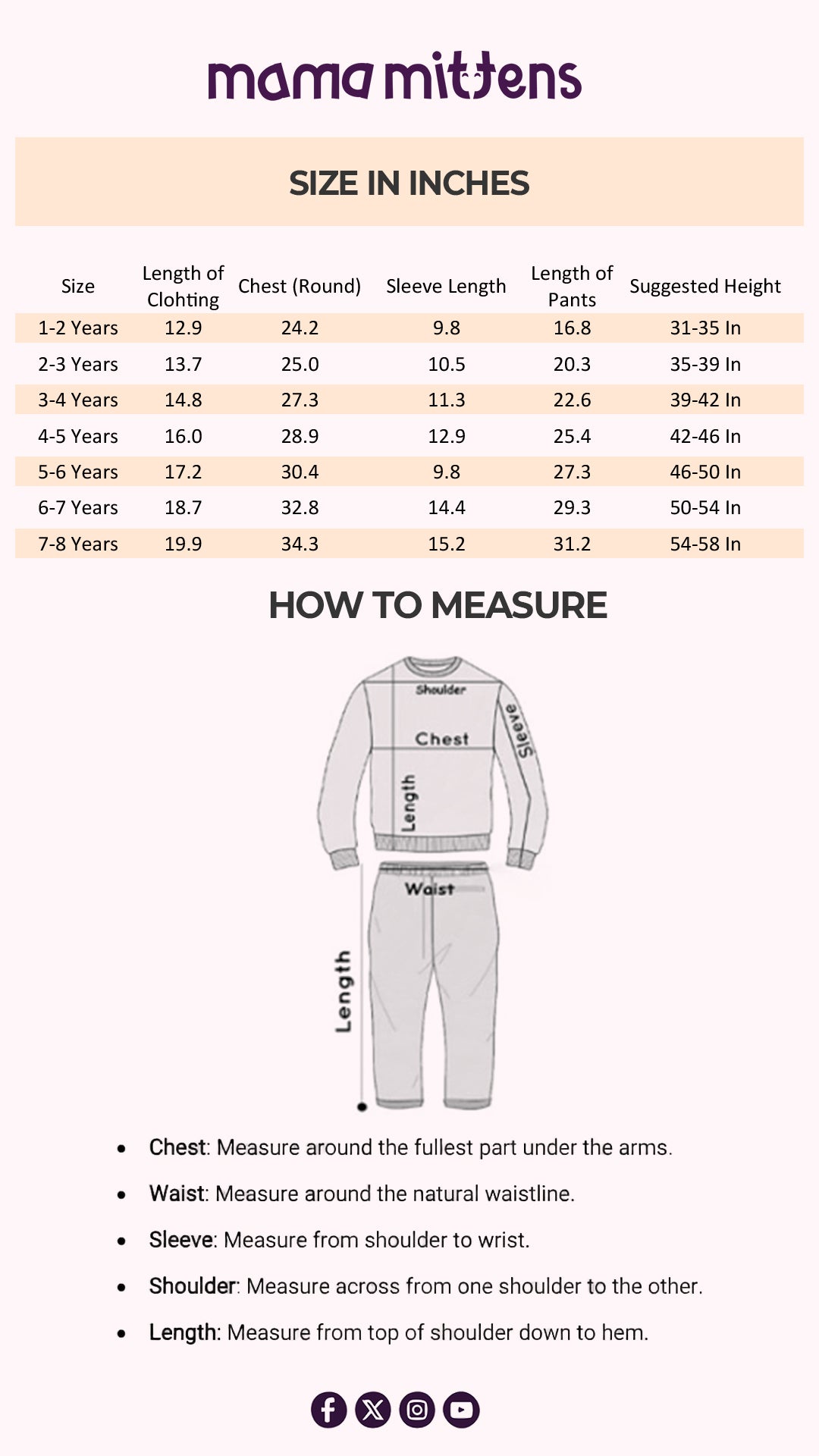 Size Chart for Little Teddy Plush Set
