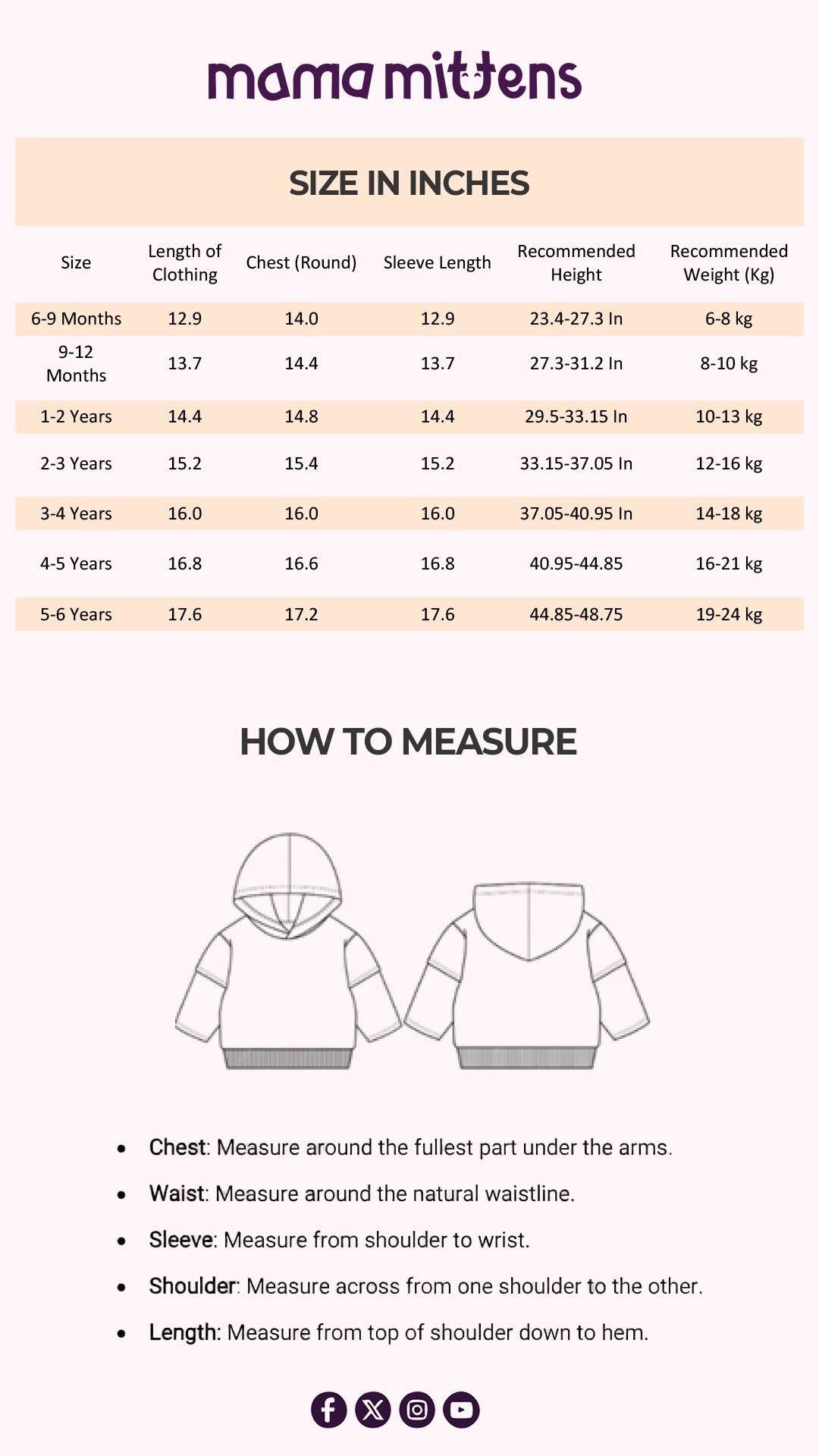 Size Chart for Snuggle Bear Zip-Up Hoodie
