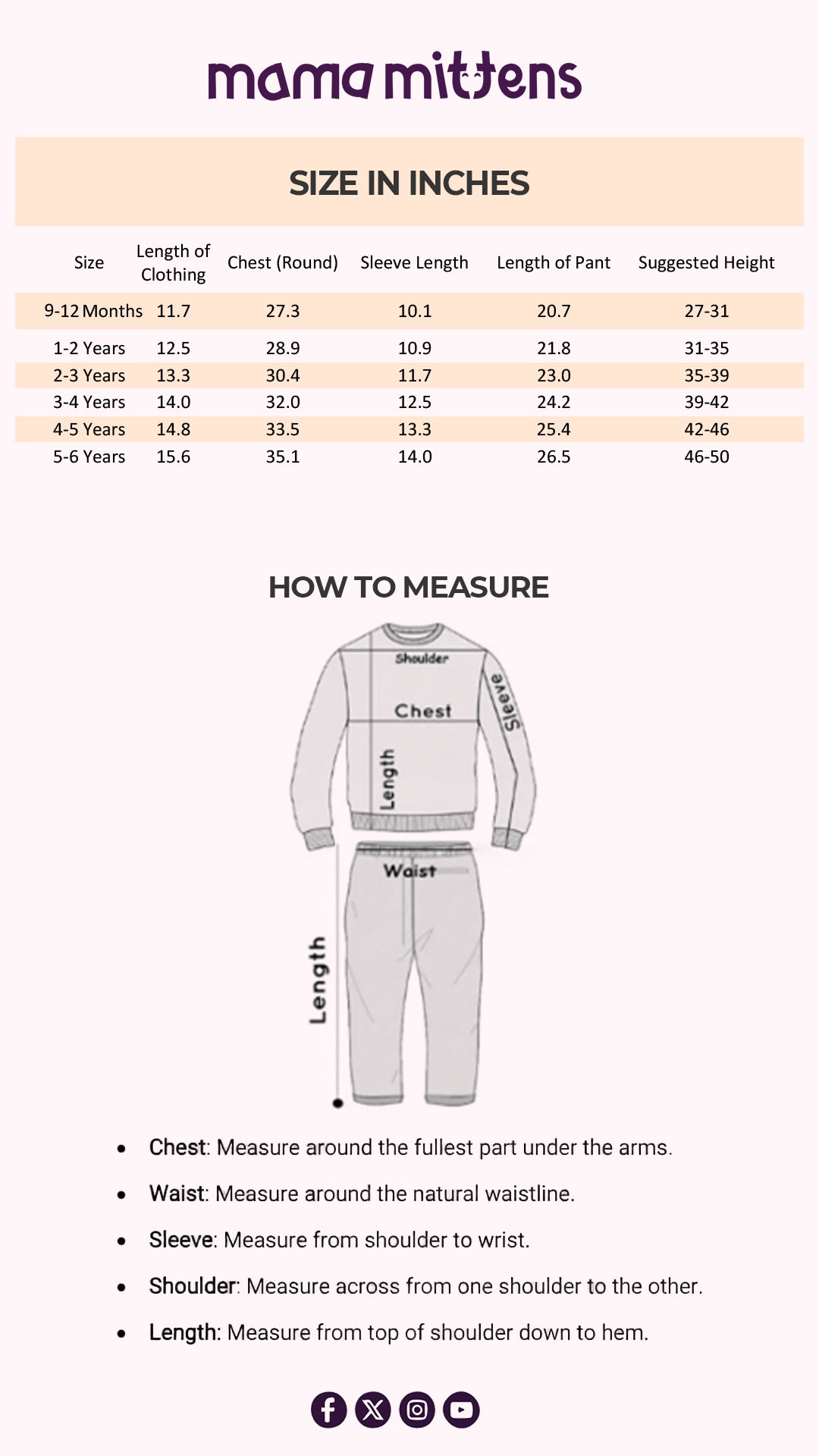 Size Chart for Pocket Pop Zip Tracksuit