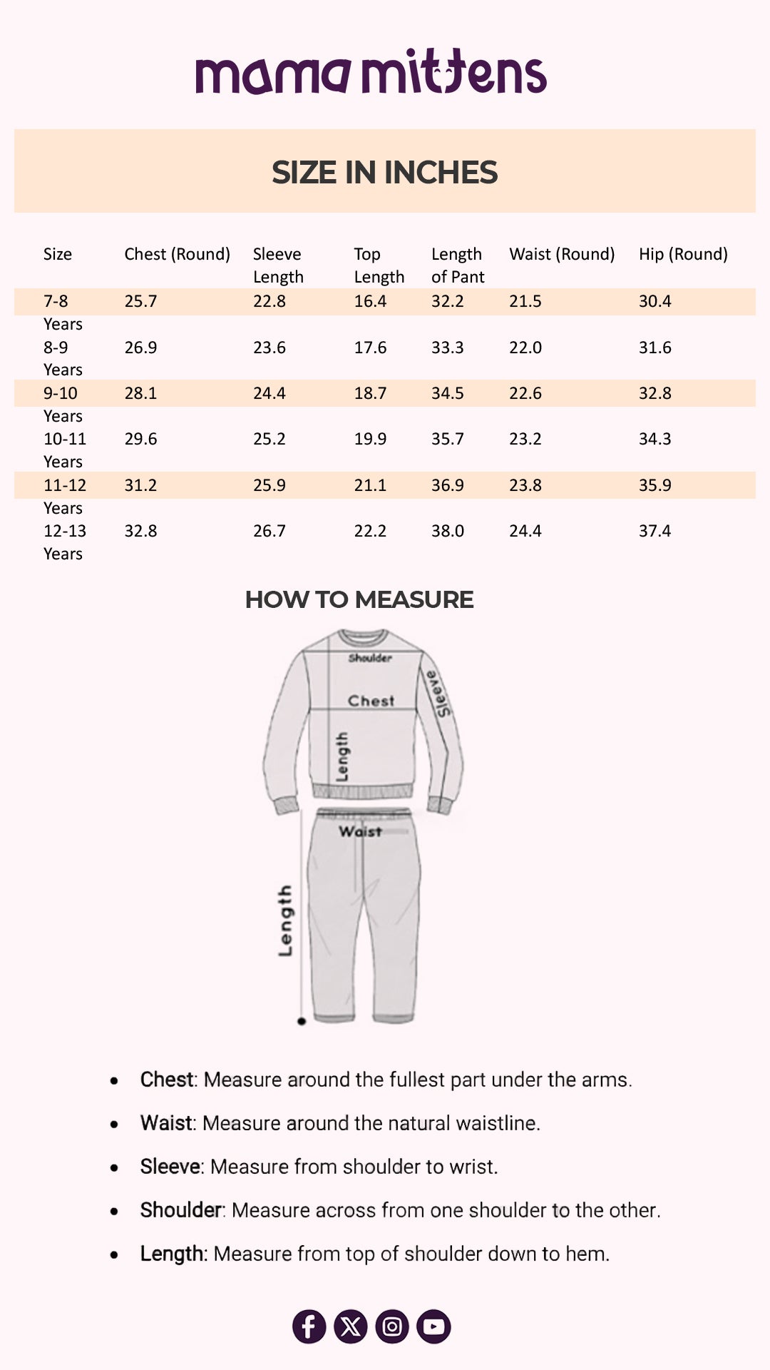 Size Chart for Luxurious Velvet Co-Ord Set