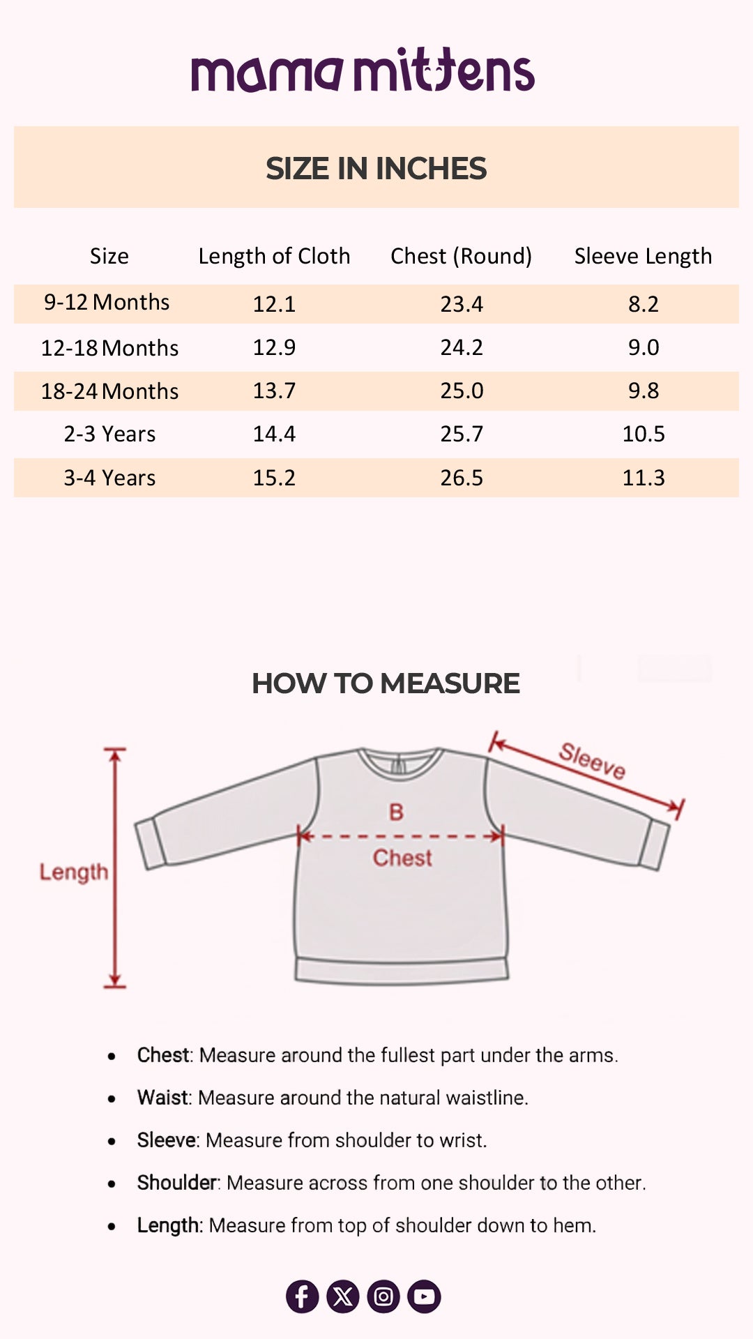 Size Chart for Rosy Ribbons Sprinkle Pullover