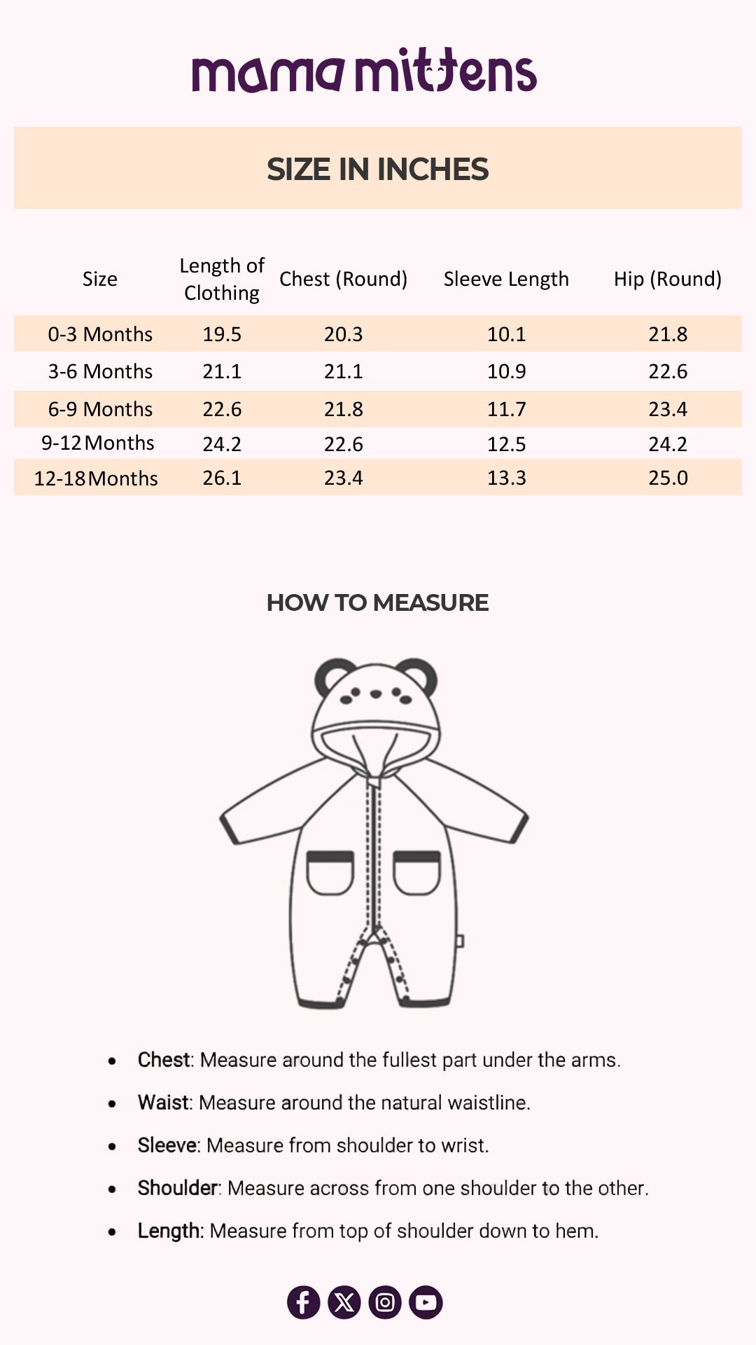Size Chart for Frosted Teddy Hood Suit
