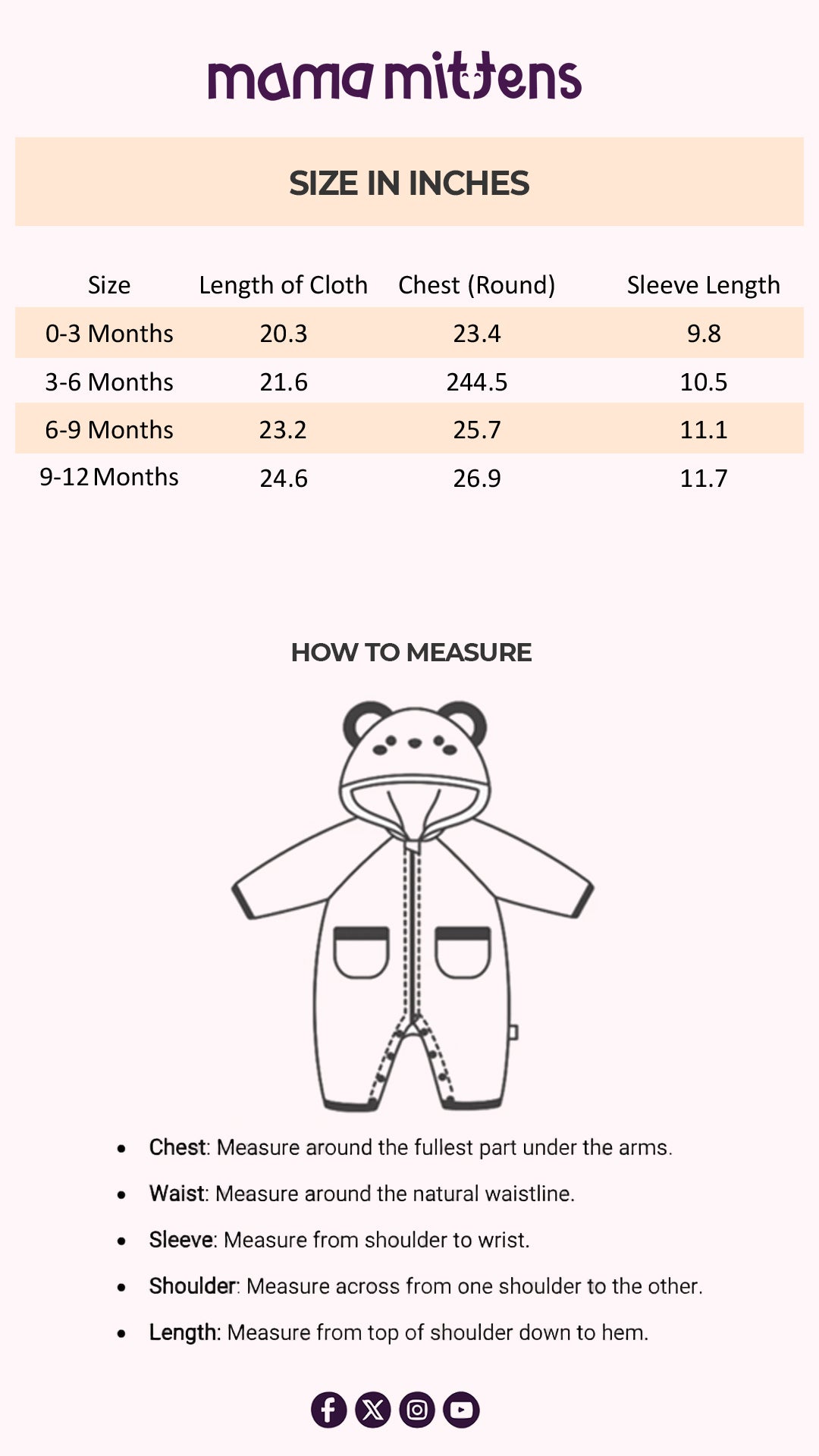 Size Chart for Cozy Cuddle Cub Onesie