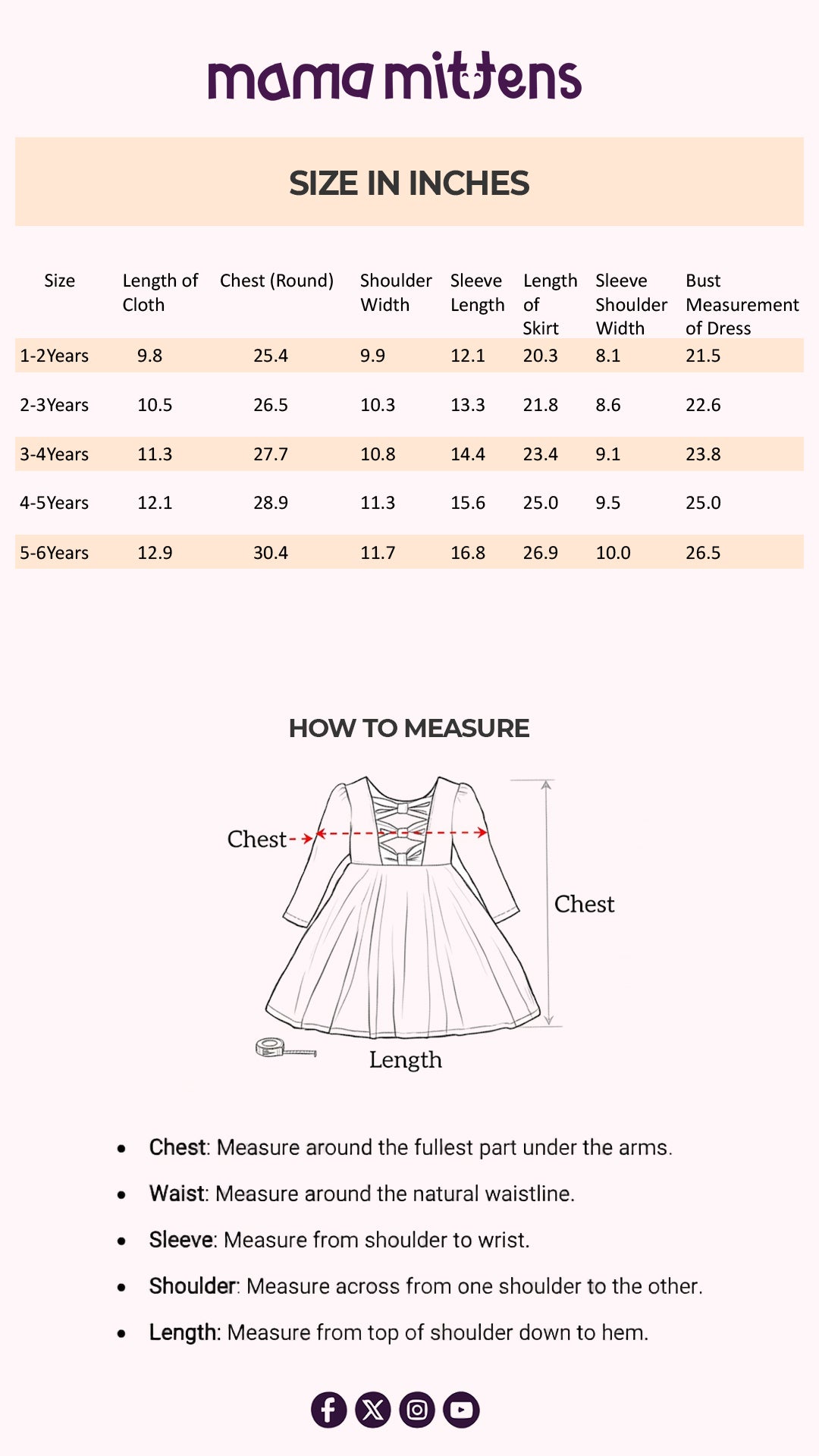 Size Chart for Cherry Blossom Christmas Dress