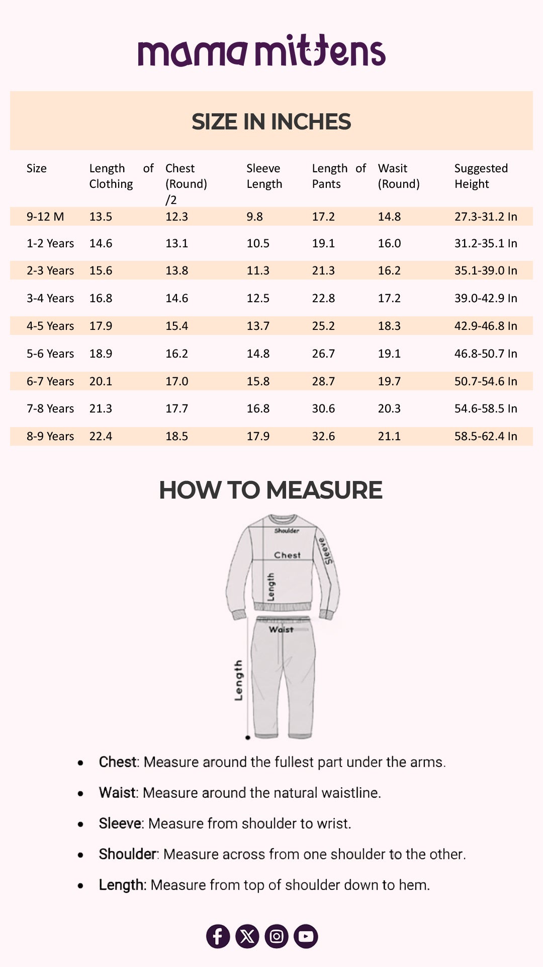Size Chart for Blush Bow Snuggle Set