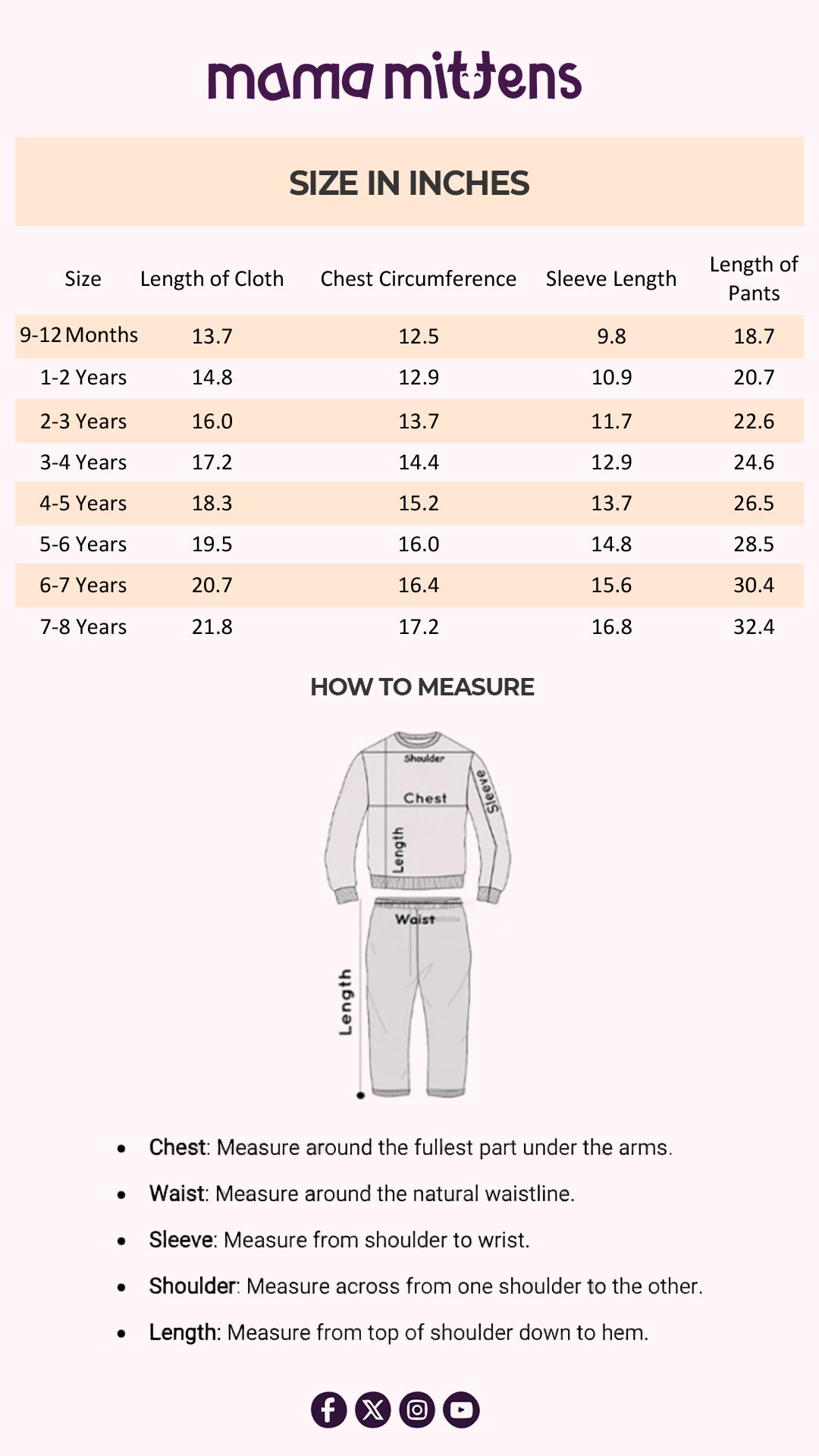 Size Chart for Fairy Tale Fleece Duo