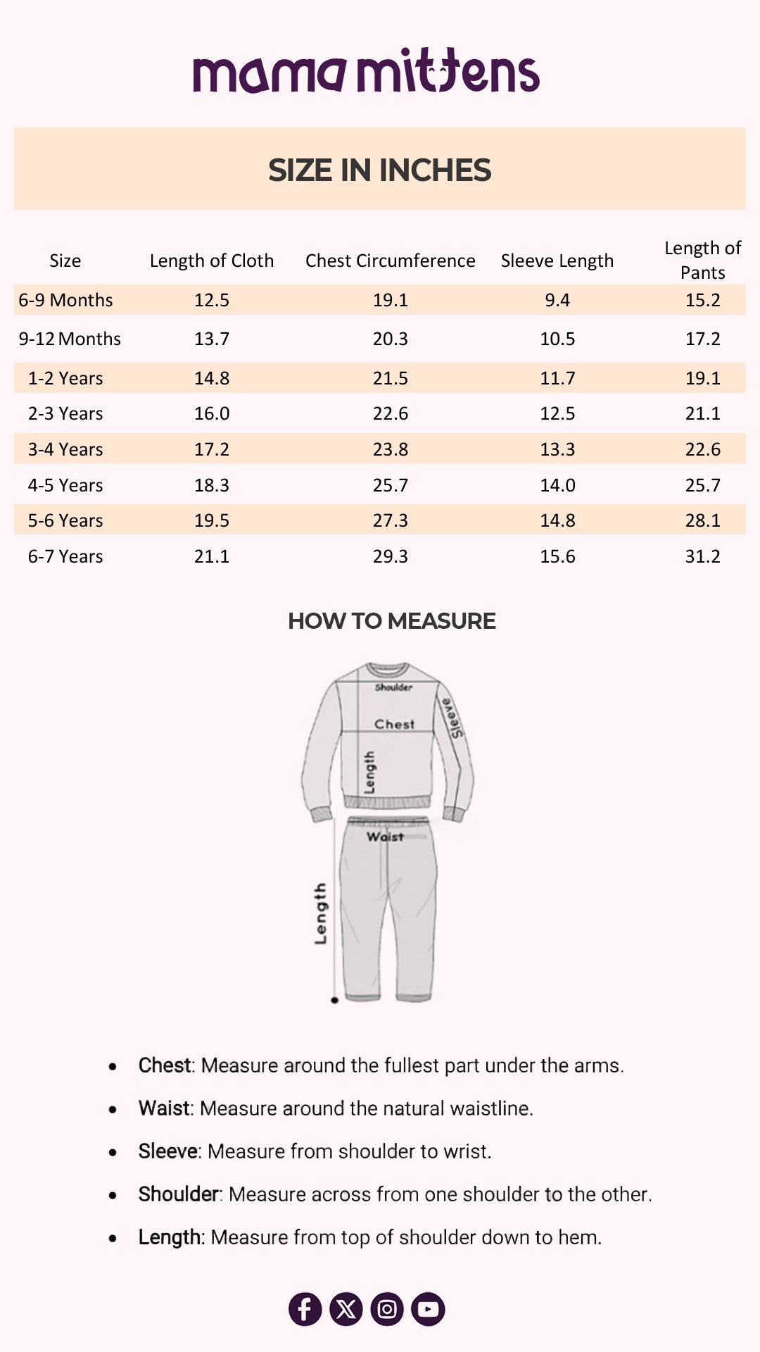 Size Chart for Sweet Cozy Kitty Loungewear