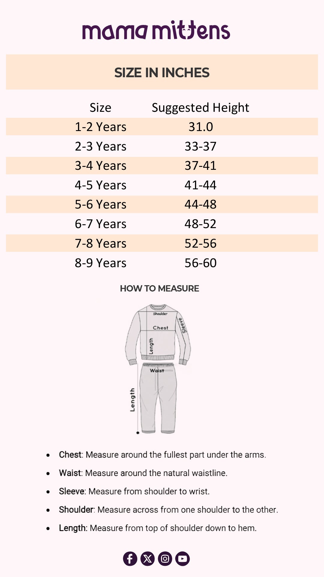 Size Chart for Little Frost Casual Loungewear
